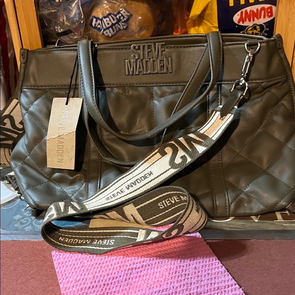 Steve Madden Quilted Tote Bag in Olive Green with Branded Strap